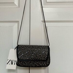 Zara Black Vegan Leather Studded Crossbody Bag